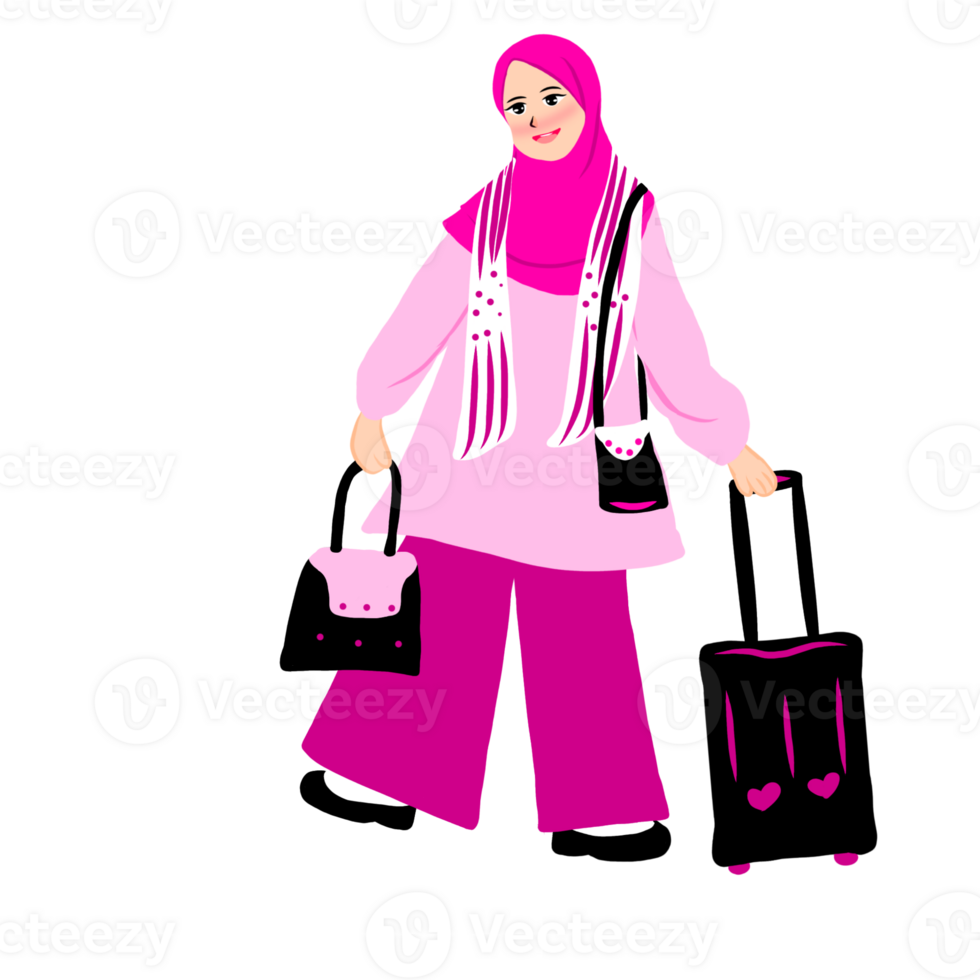 A woman in pink clothes with a suitcase and a purse png