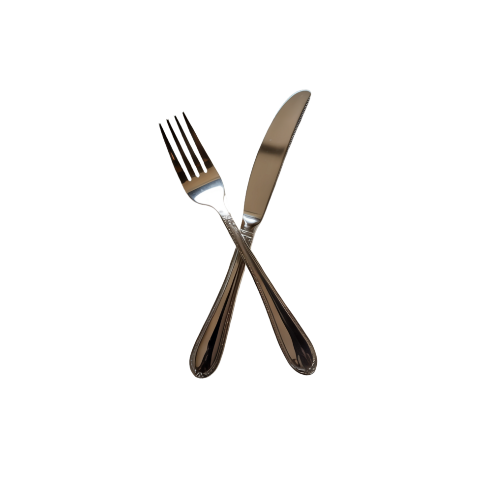 Silver Knife and Fork Crossed, Transparent Background, Reflective Cutlery, Flatware png