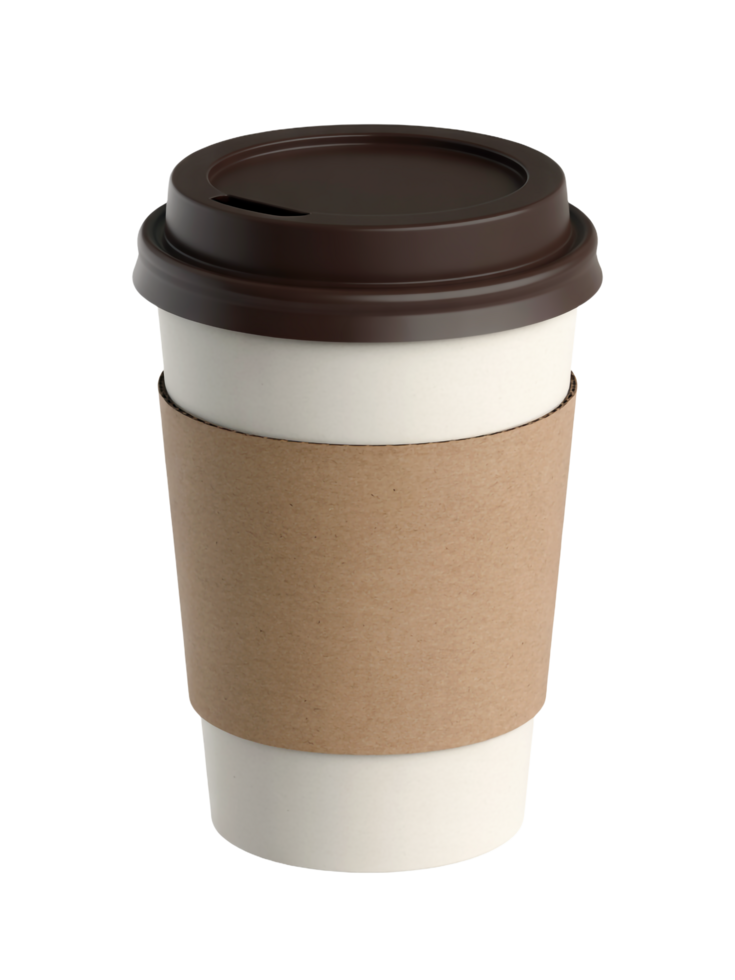 Realistic Paper Coffee Cup with Brown Lid and Cardboard Sleeve on Transparent Background png