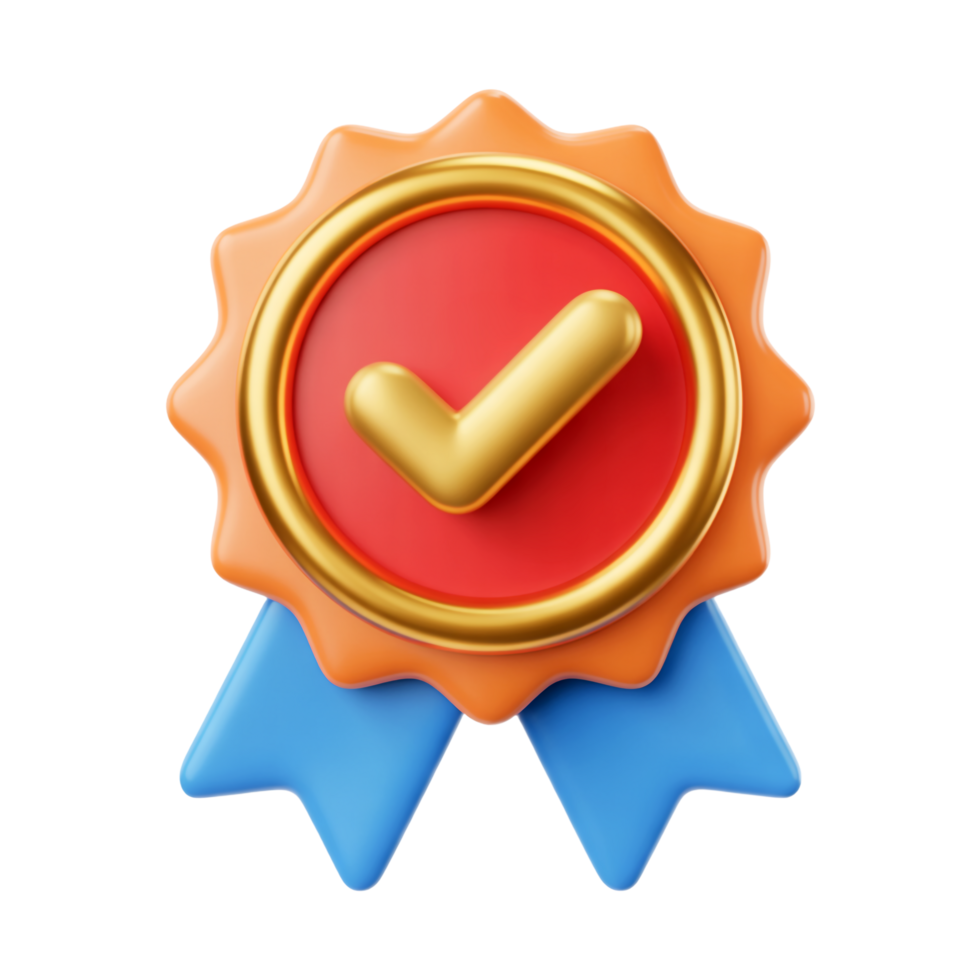 Red and Gold Badge with Ribbon and Check Mark on Transparent Background png