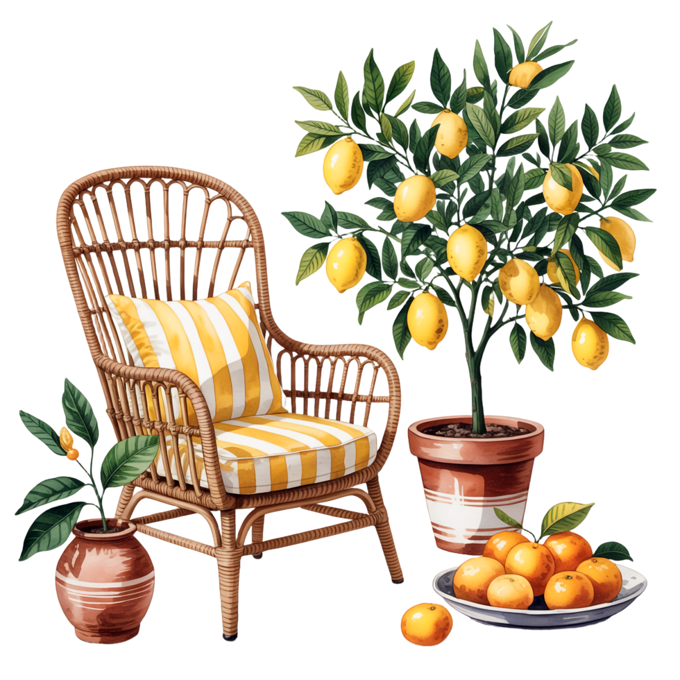 Rattan Chair with Lemon Tree and Oranges on Transparent Background png