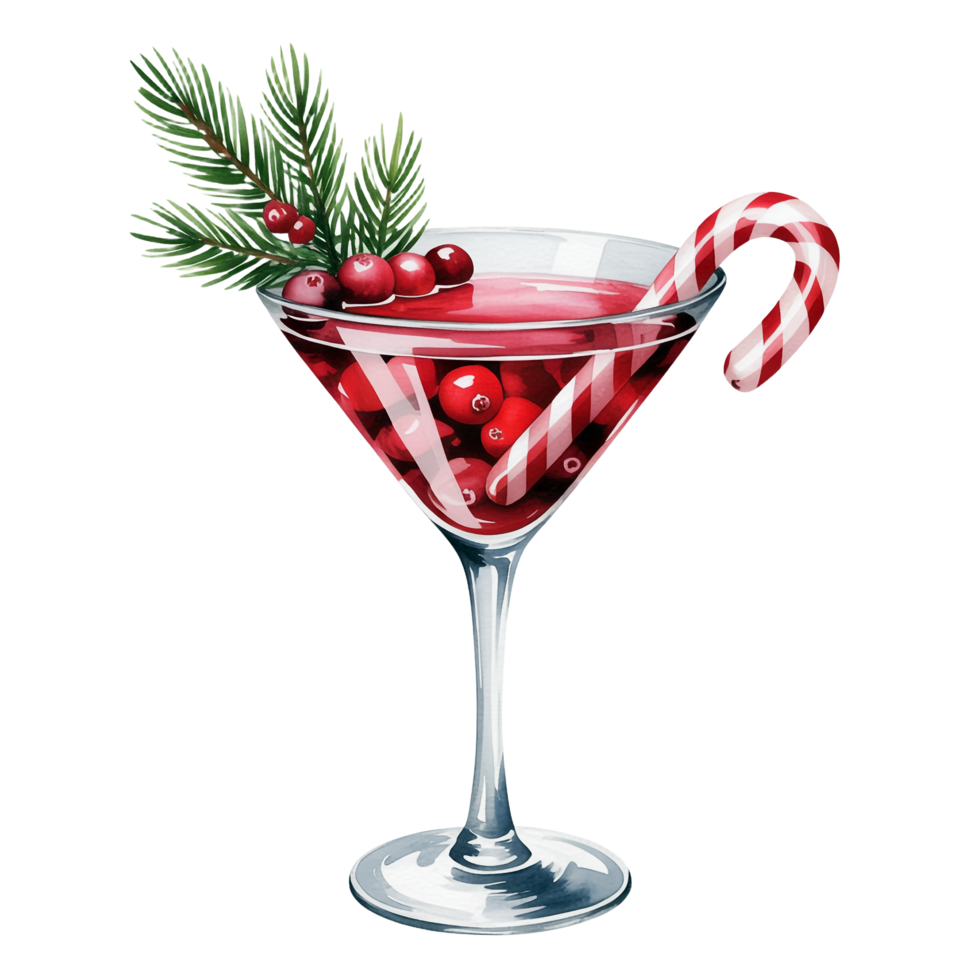 Watercolor Cranberry Cocktail with Candy Cane and Pine on Transparent Background png
