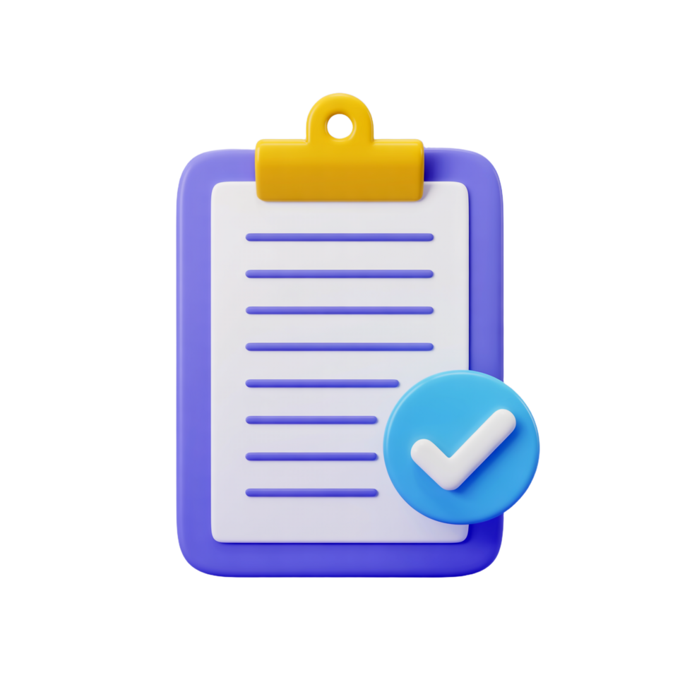 Purple Clipboard with Yellow Clip and Blue Check Mark Icon on Transparent Background png