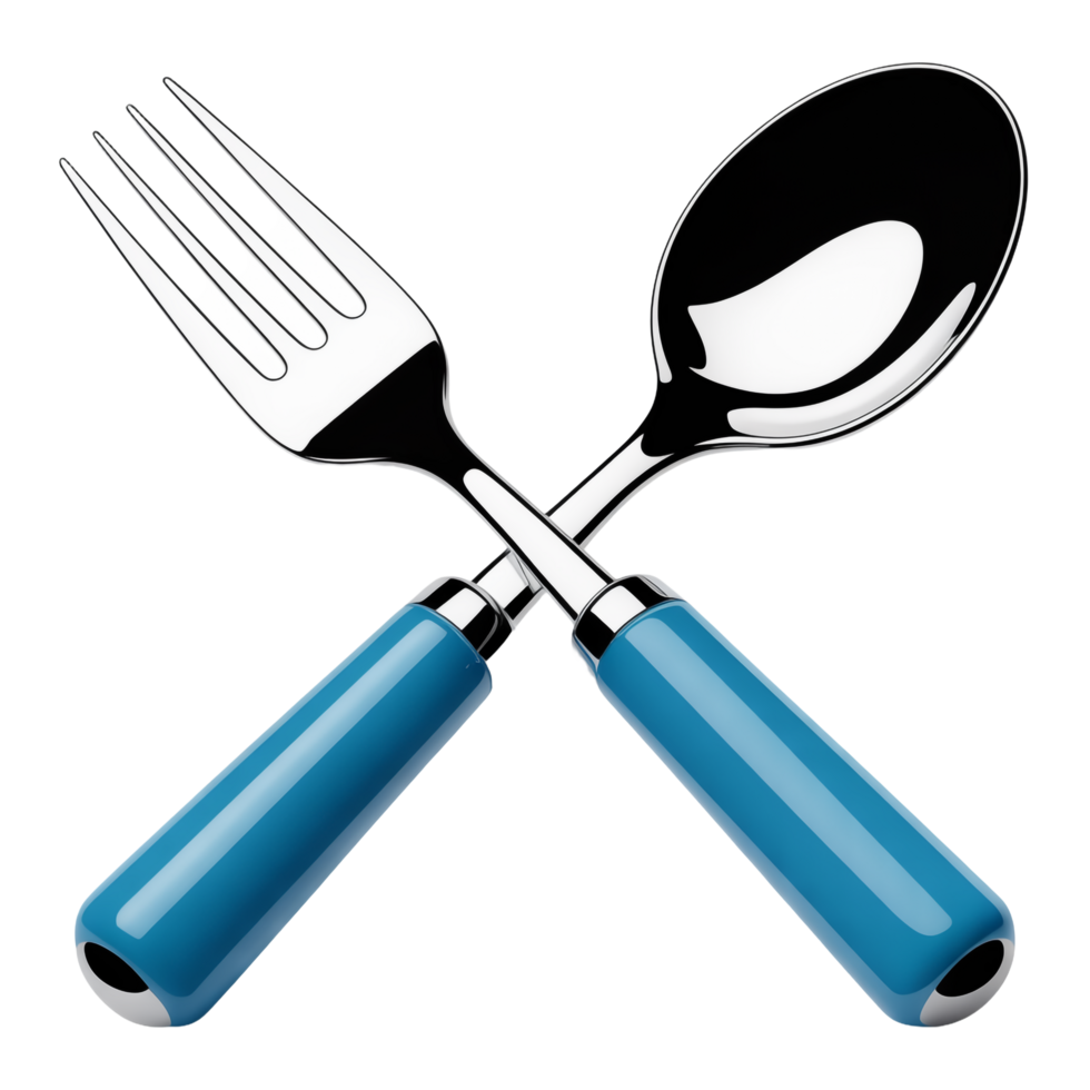 Metal Fork and Spoon with Blue Handle Cross on Transparent Background png