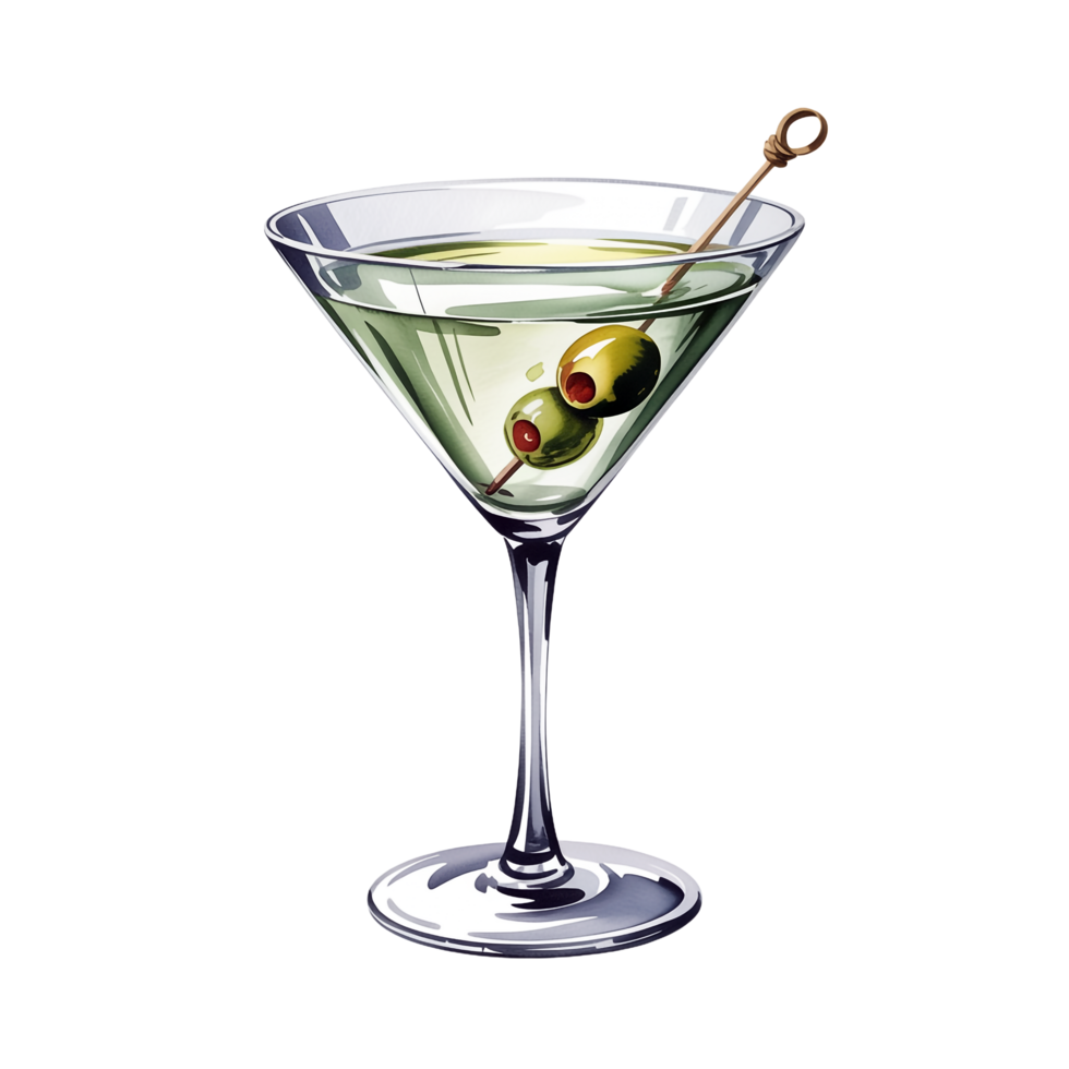 Martini Glass with Olive Skewer, Watercolor Style Drink on Transparent Background png