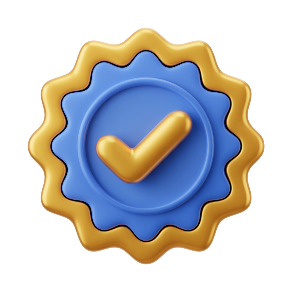 Golden Checkmark on Blue Badge 3D Rendering Isolated on Transparent Background png