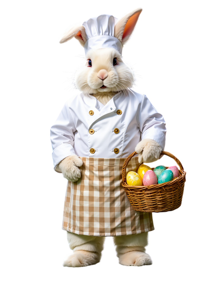 A white rabbit dressed as a chef holding a basket of eggs png