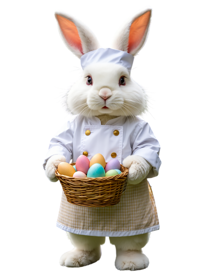 A white rabbit wearing an apron and chef hat holding a basket of eggs png
