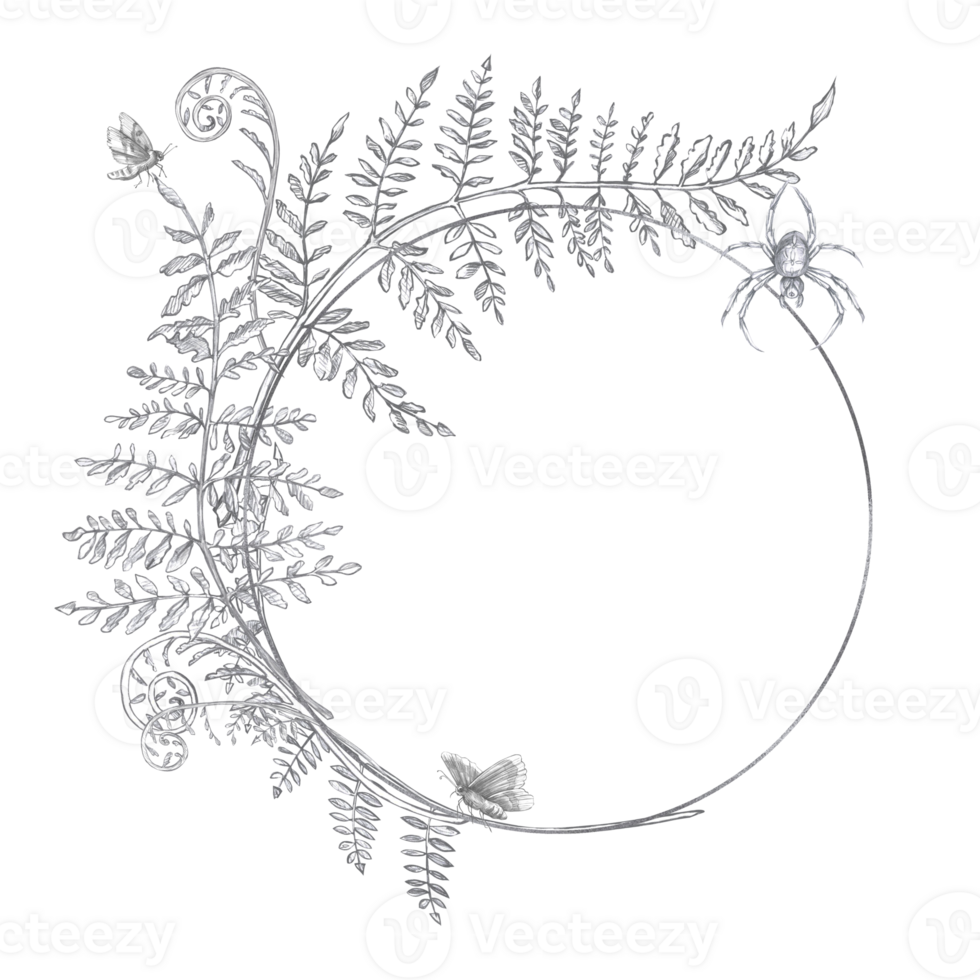 Wreath with fern leaves, spider and moths. Isolated pencil illustration in a realistic style for the design of postcards, posters, printing on fabric and clothes, flower shop. png