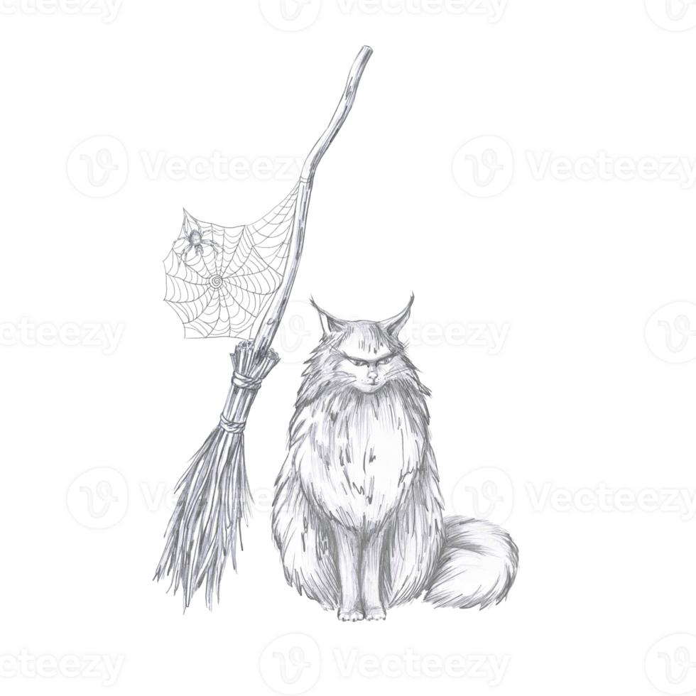 Big fluffy cat on the background of a witch's broom with a web. Isolated pencil illustration for coloring books, postcards, Halloween theme parties, printing on fabrics png