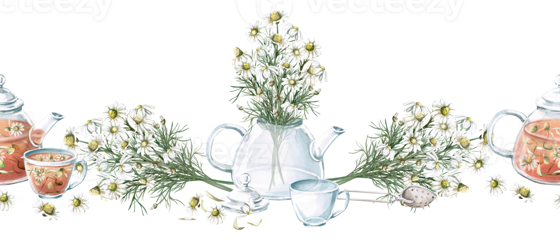 Seamless border with bouquets of daisies, teapots and cups with chamomile tea. Isolated watercolor illustration for tea packaging design, cafes menu, printing on kitchen textiles. png