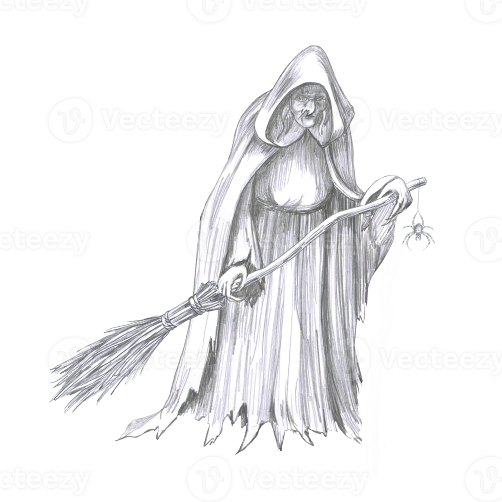 Old witch with a broom and a spider. Isolated pencil illustration on the theme of a magical forest for the design of postcards, coloring books, printing on posters. png