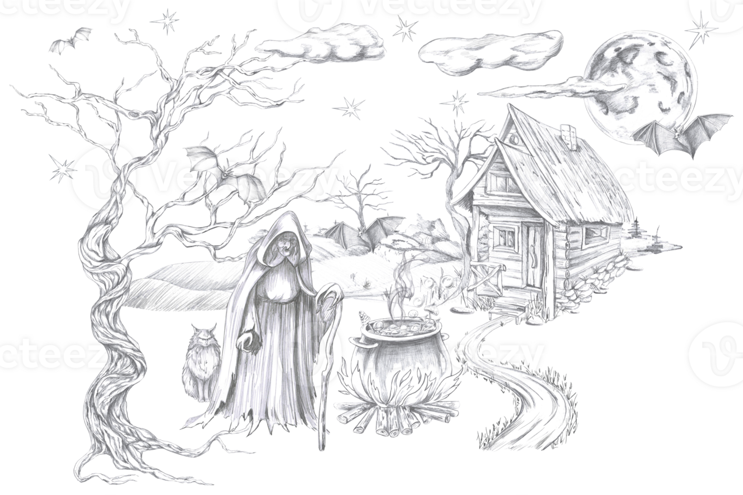 Scene from the life of a witch. Isolated pencil illustration of a witch with a house and trees in the background for postcards, Halloween invitations, book illustrations and posters. png