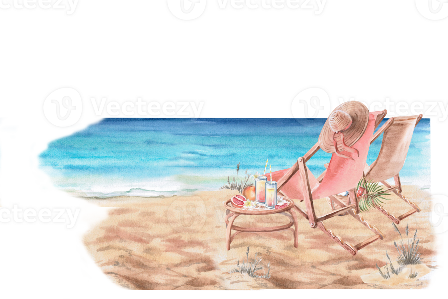 Seascape with sun loungers, table on the shore. Isolated watercolor illustration on the theme of summer holidays for the design of invitations, menus, posters. png