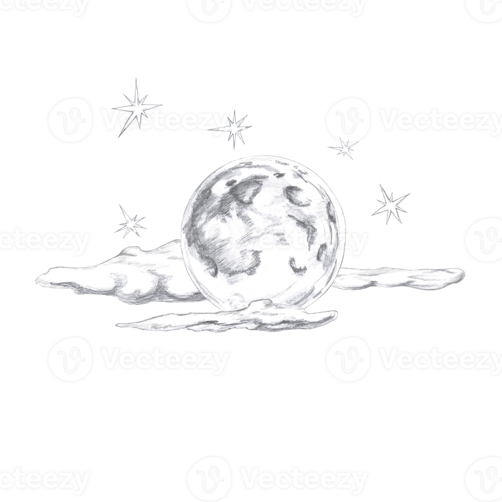 Moon on the background of clouds and stars. Isolated pencil illustration in a fairy-tale style for postcards, posters, printing on fabric and clothes, interior decoration of parties png