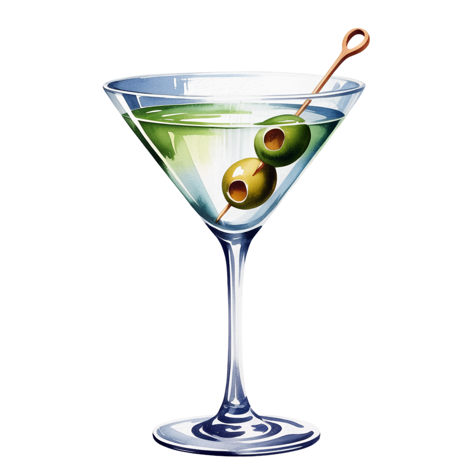 Watercolor Martini Glass with Olives, Transparent Drink on Transparent Background png