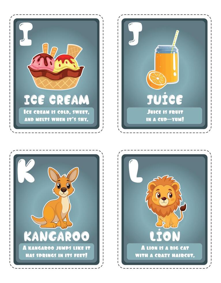 Alphabet flashcards for children with cute illustrations I - L vector