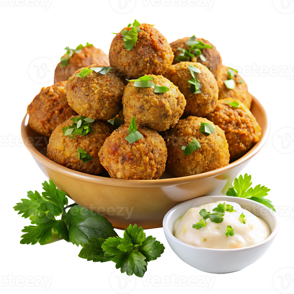 Bowl of falafel balls with sauce parsley and garnish top png