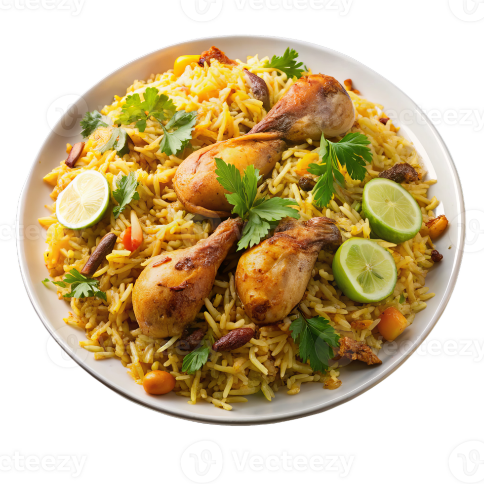 Tasty chicken biryani with rice lime and herbs garnish png