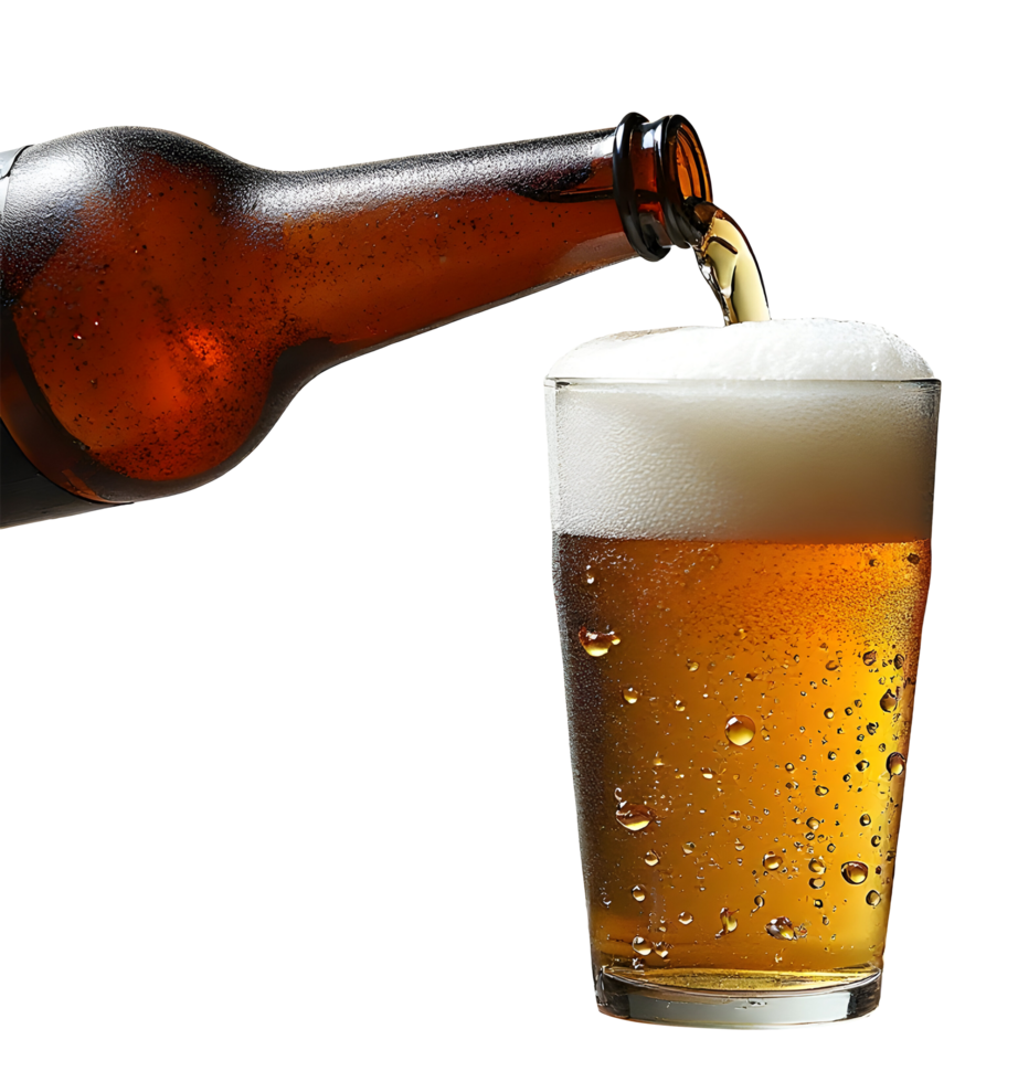 Pouring cold beverage into glass creates refreshing scene with bubbles., cut out png