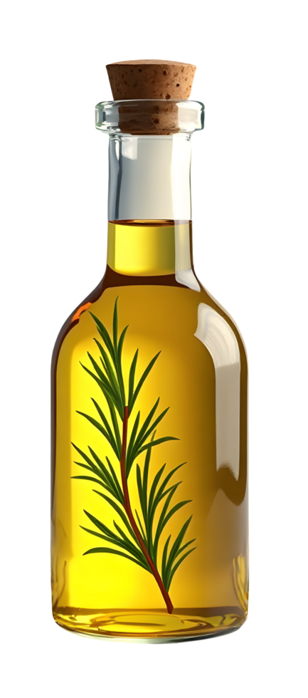 Glass bottle with cork stopper contains golden rosemary infused oil for cooking delight,cut out png