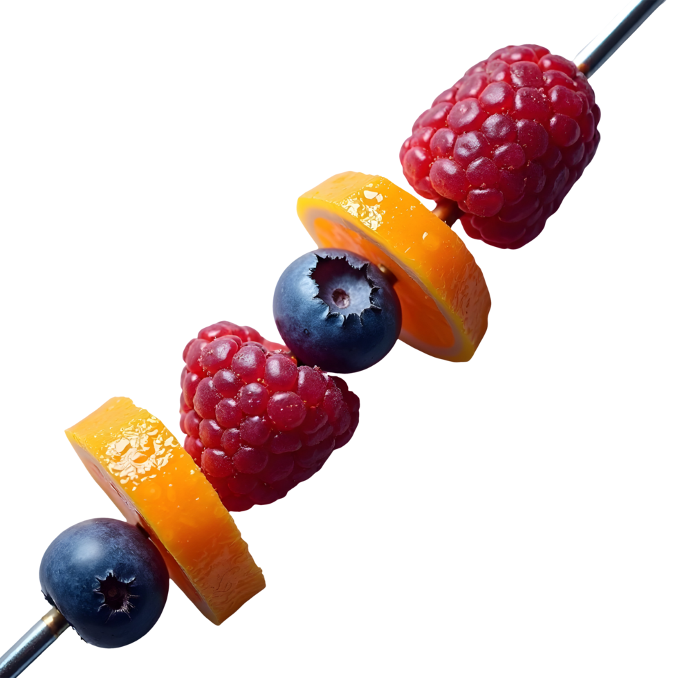 Fresh fruit skewer with raspberry, blueberry, and orange slice, vibrant and juicy,cut out png