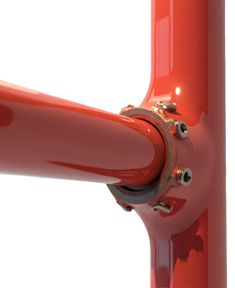 Red pipe junction with bolts and metal ring in close up view,cut out png