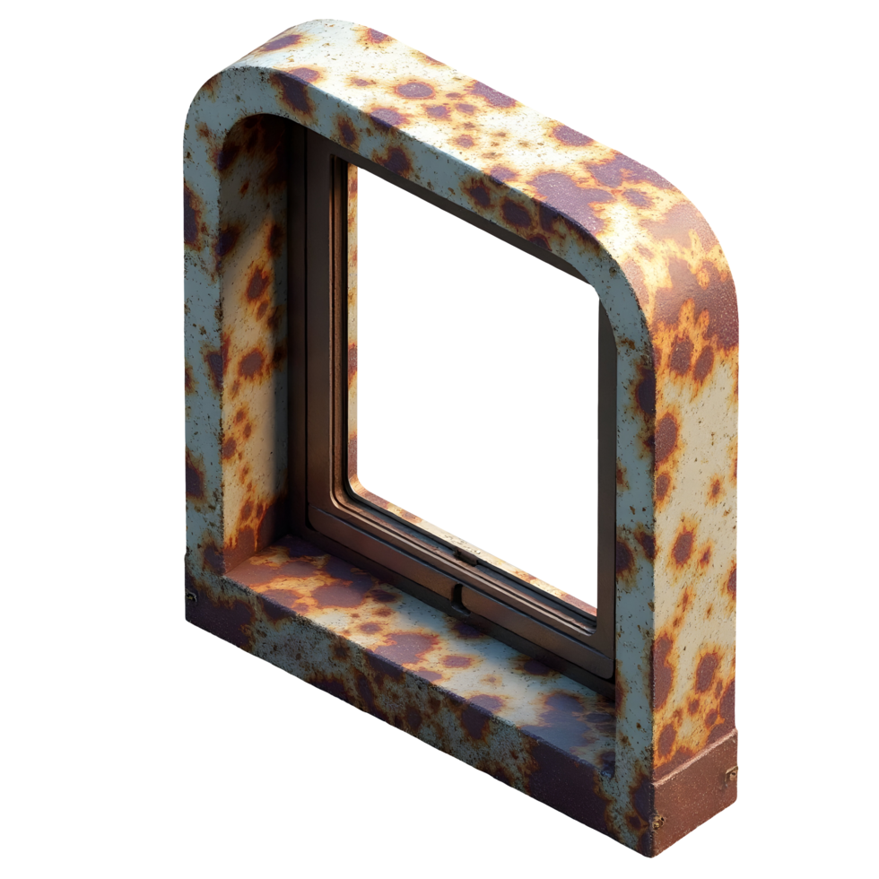 Rusty metal window frame with weathered texture and aged appearance,cut out png