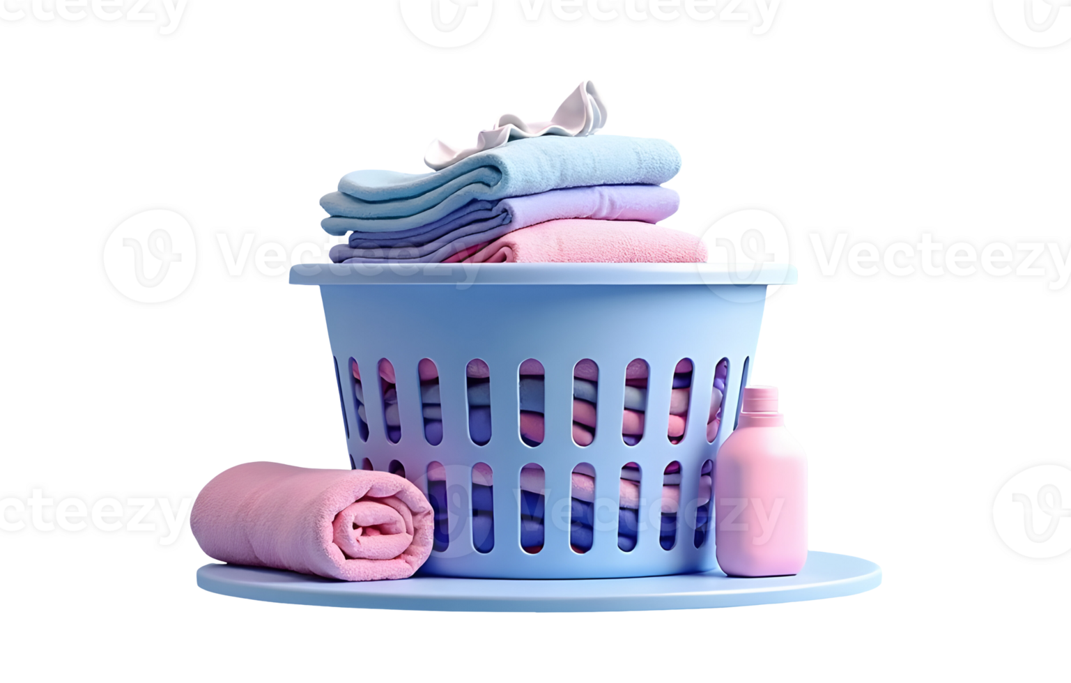 Satisfying image of clean laundry basket, folded towel, and liquid bottle png
