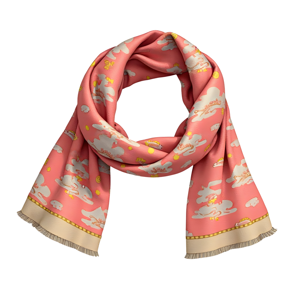 Pink scarf with white cloud pattern and gold accents wrapped in soft fabric scarf,cut out png