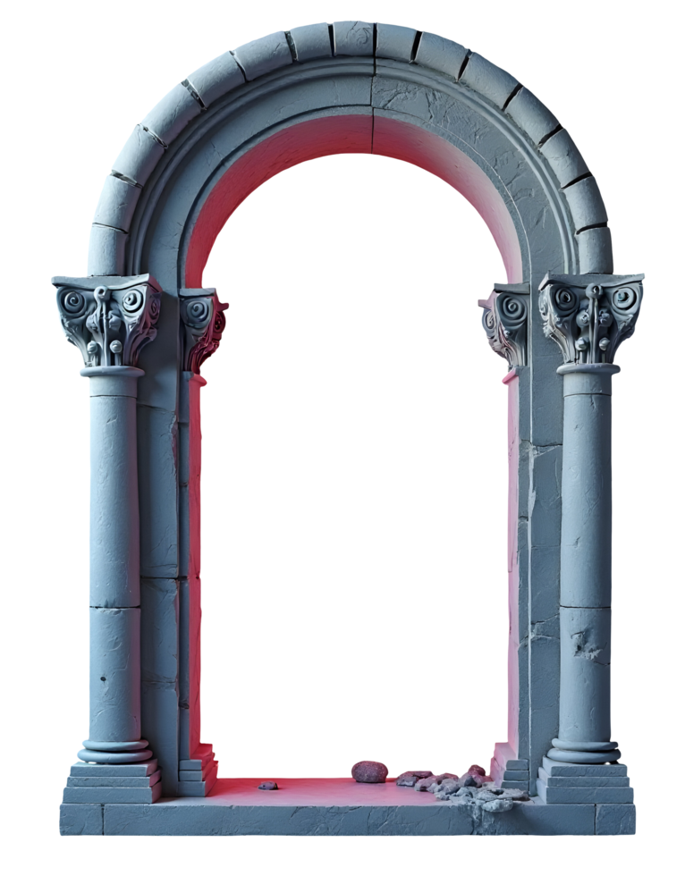 Ancient stone archway with decorative columns and soft red lighting creating mysterious mood png