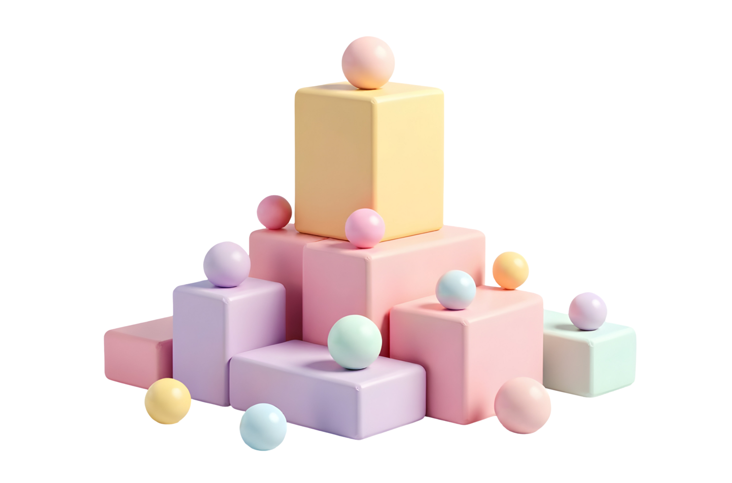 Pastel colored blocks and spheres stacked in playful arrangement with soft lighting,cutout png