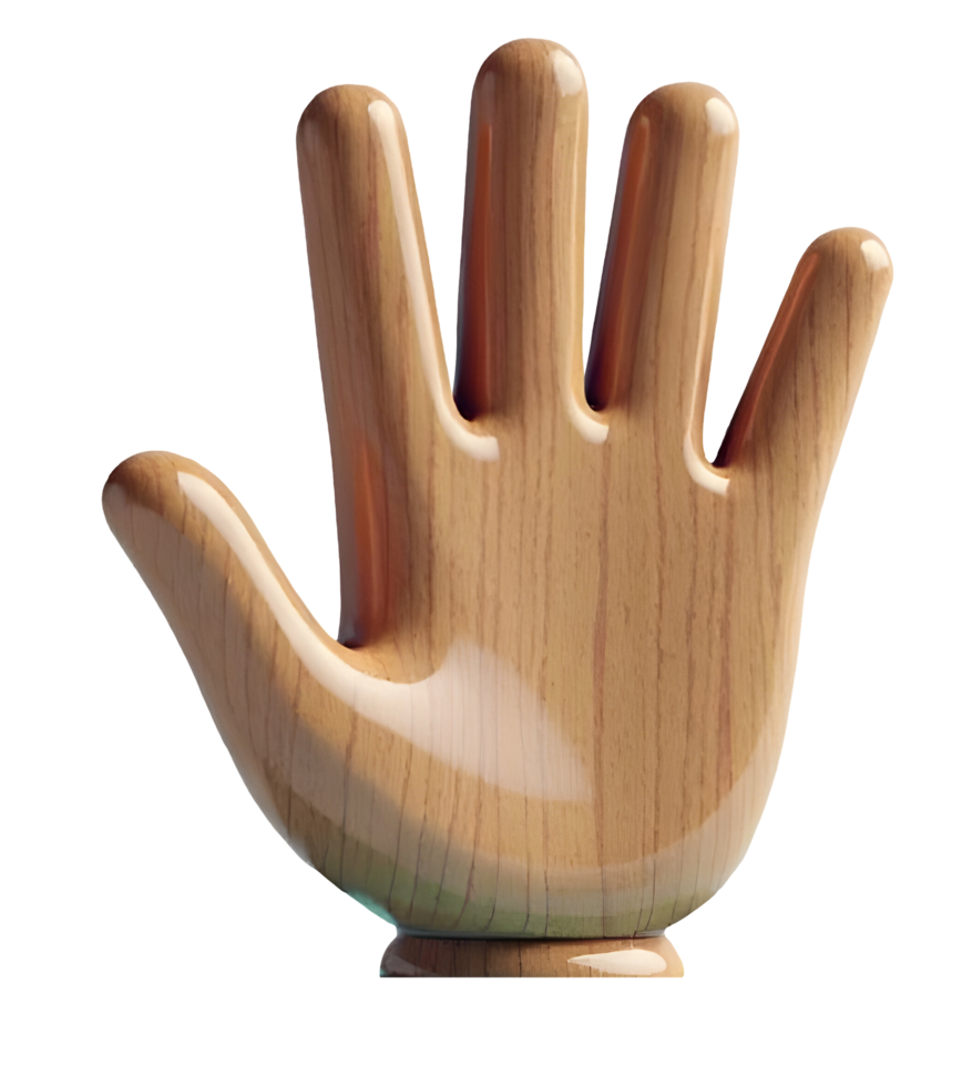 Wooden hand sculpture with smooth polished surface and natural wood grain texture png