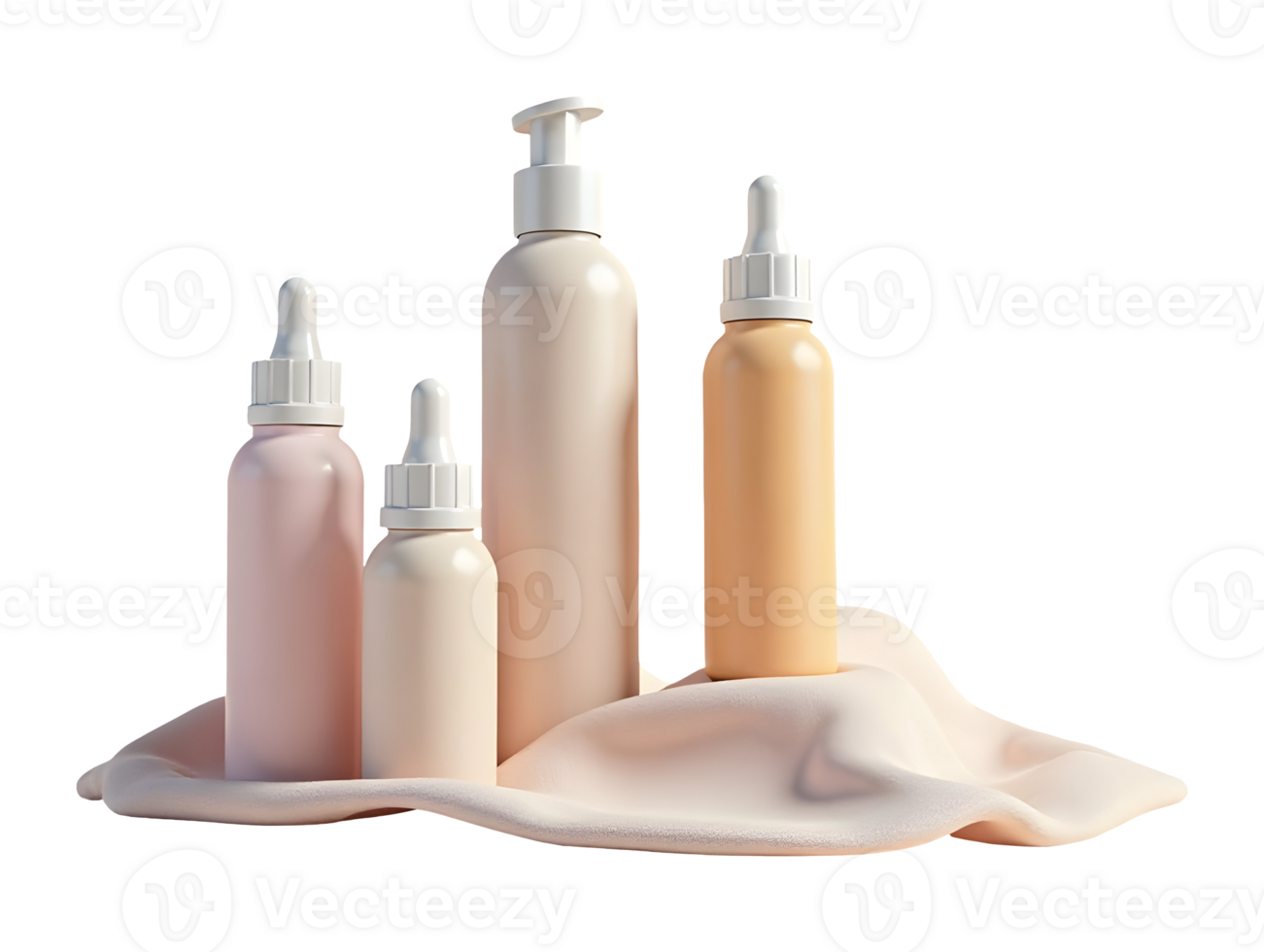 Neutral tone cosmetic bottles with dropper and pump on soft fabric png