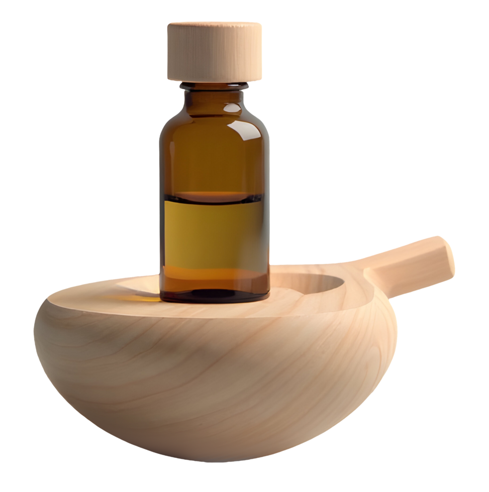 Amber glass bottle with wooden cap on smooth wooden bowl, evoking natural wellness and calm png