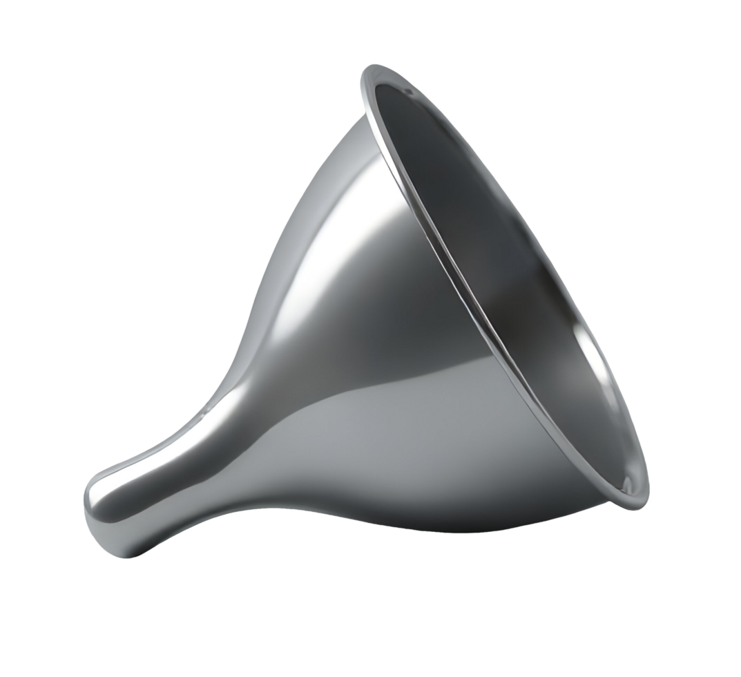 Metal funnel with shiny surface isolated on transparency background, smooth and reflective png