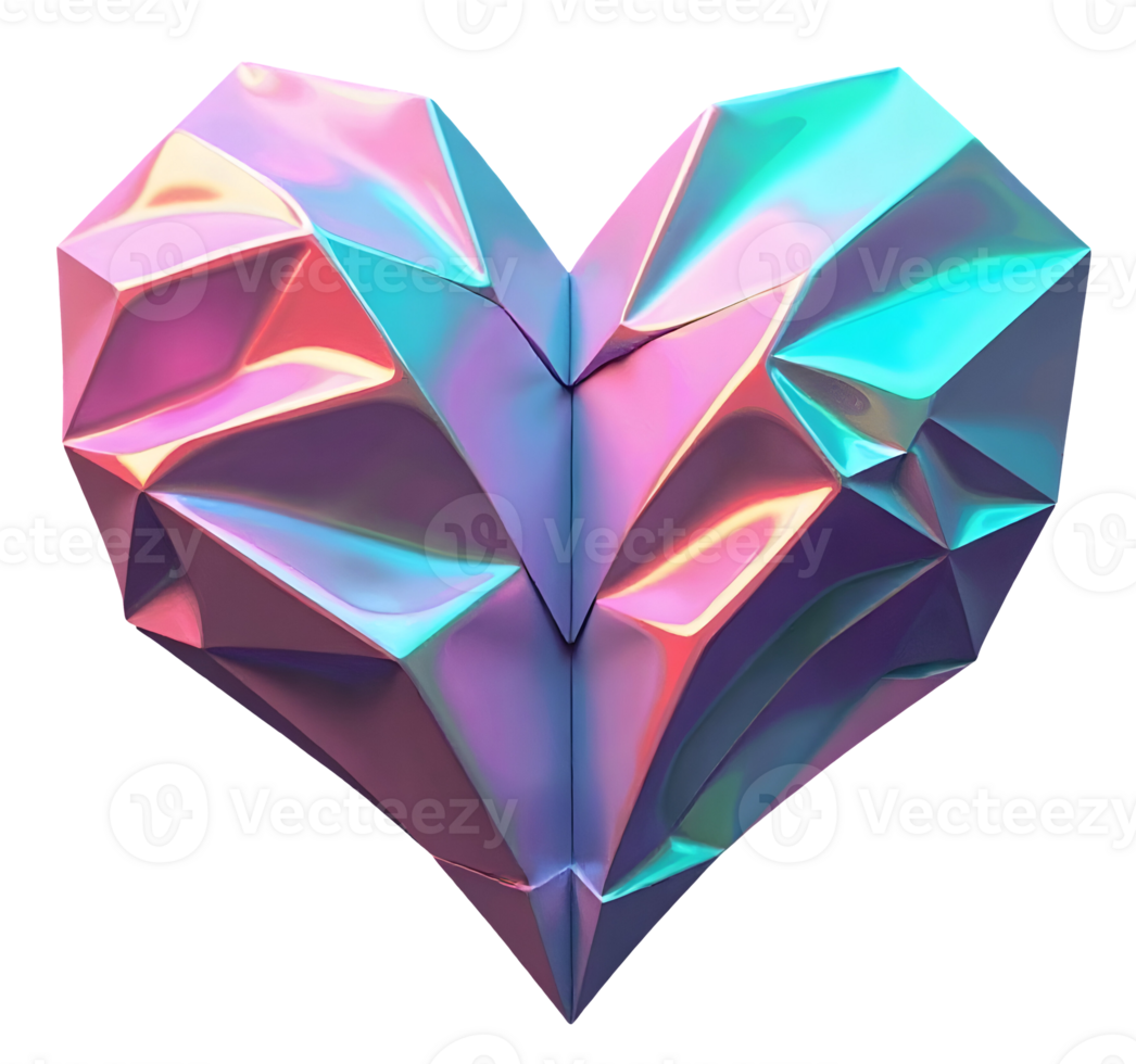 Iridescent crumpled heart shape with vibrant blue and pink colors shining brightly png
