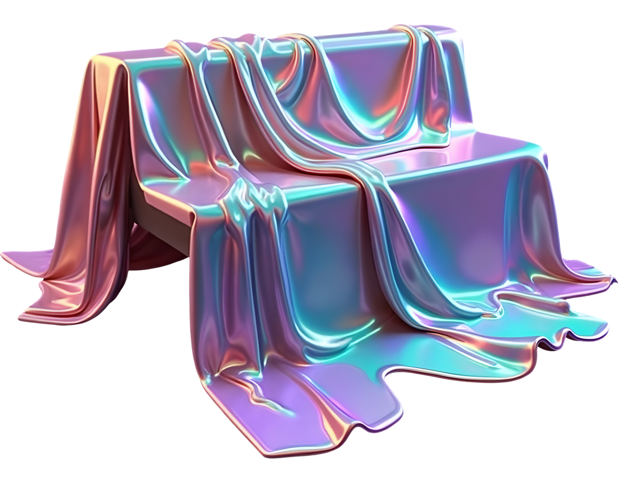 Iridescent fabric draped over bench with smooth, shiny, colorful folds creating futuristic look png