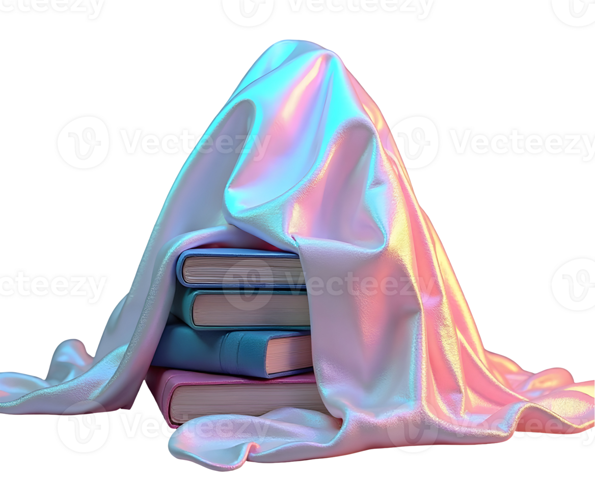 Stack of books covered with shiny silk fabric glowing with colorful light creates magical mood png