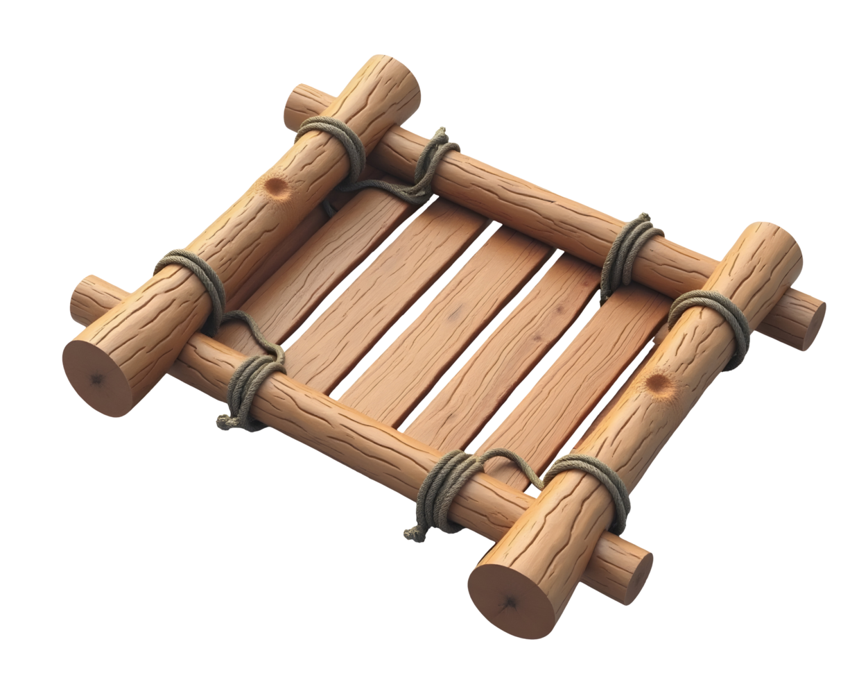 Wooden raft made of logs tied with rope, simple and rustic floating platform png