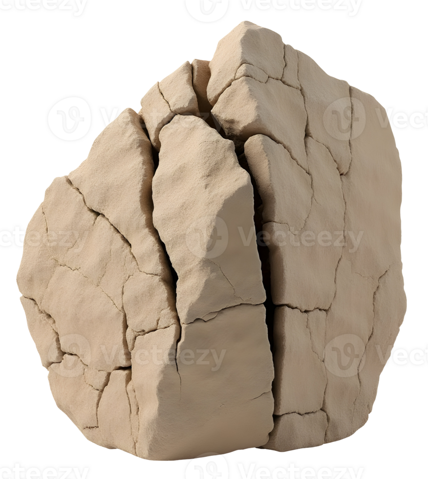 Cracked rock formation with rough texture and natural beige color, showing weathered stone png