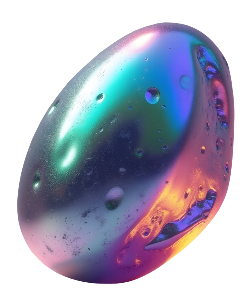 Iridescent colorful gem with smooth surface and water droplet texture shining brightly png