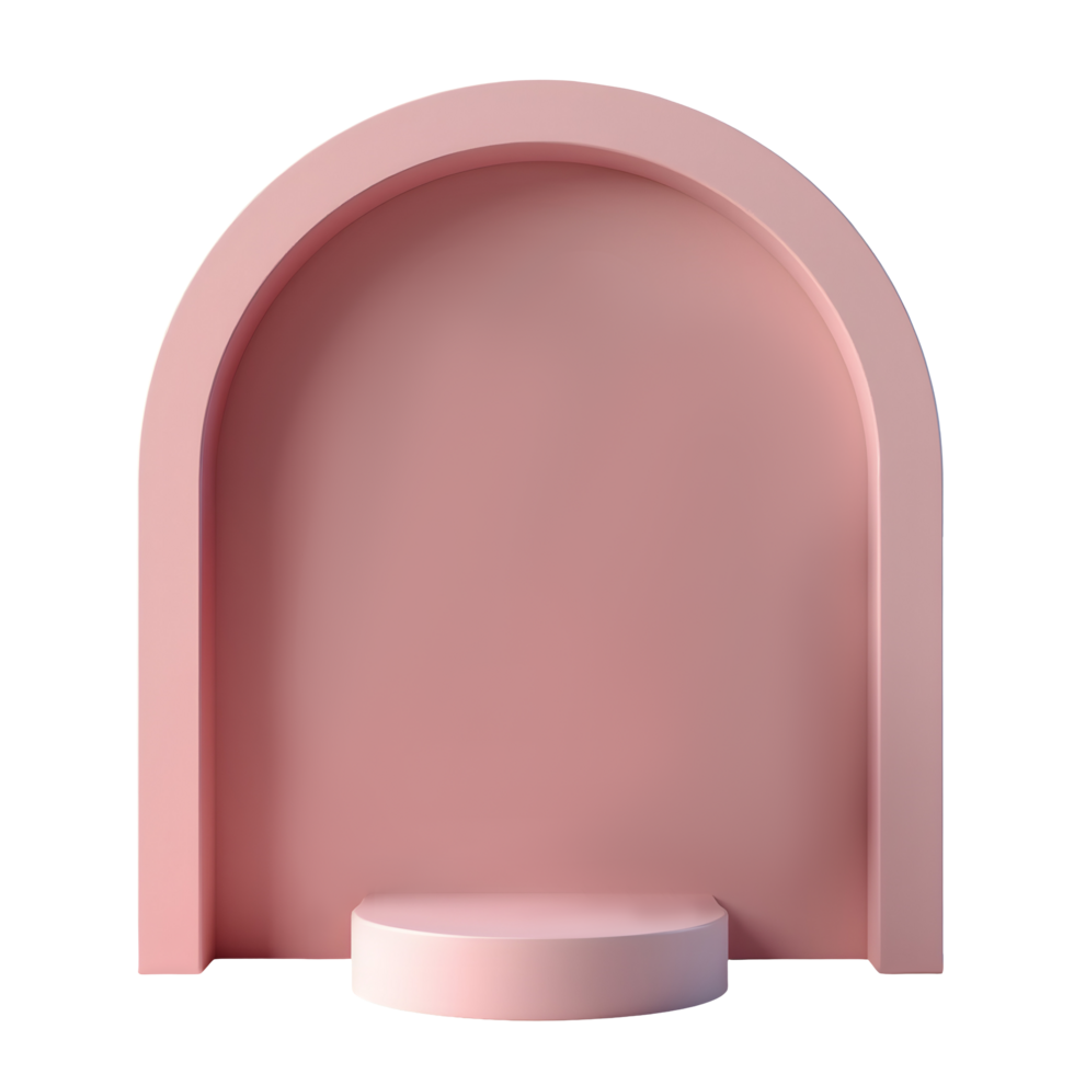 Pink arch display with round platform for product presentation in soft pastel color png