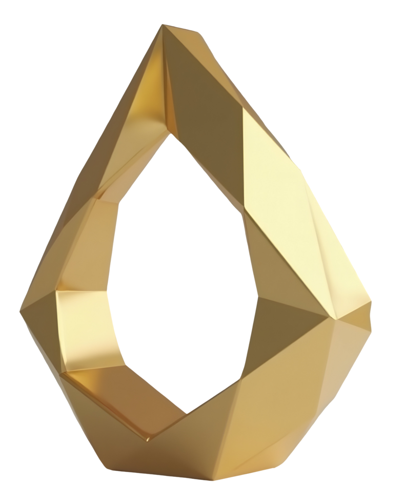Golden geometric sculpture with sharp facets and smooth metallic surface png