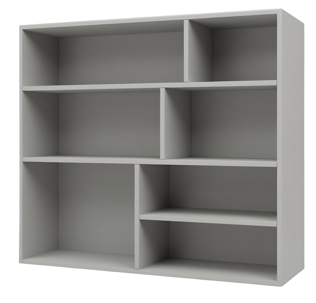 Empty gray shelf unit with multiple compartments for storage or display png