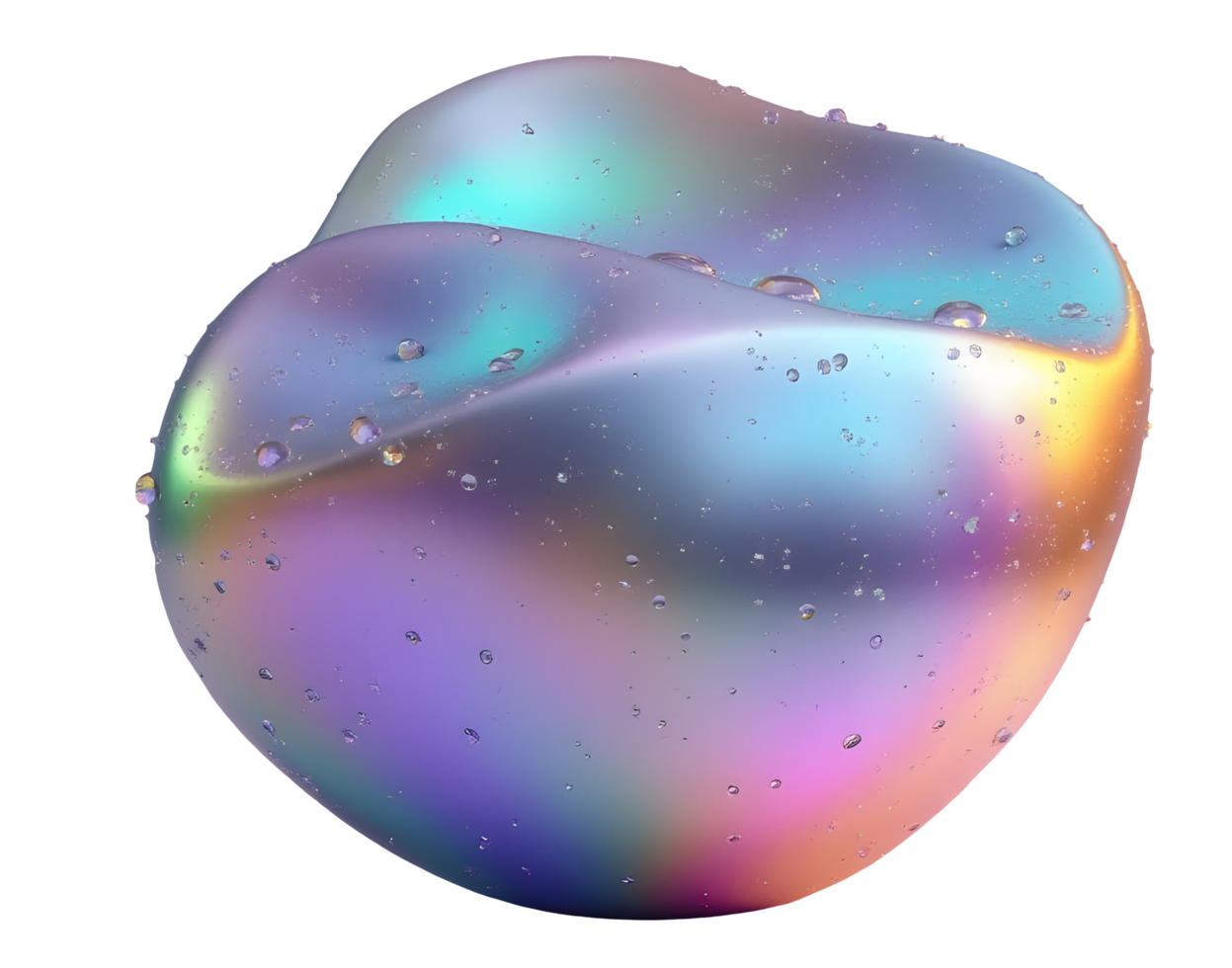 Iridescent colorful blob with water droplets and smooth surface glowing softly png