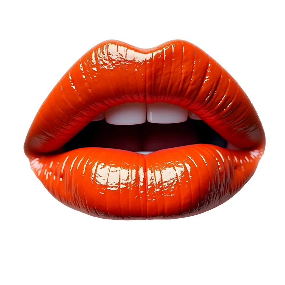 Glossy red lips with sensual expression and visible teeth, showing vibrant color and shine png