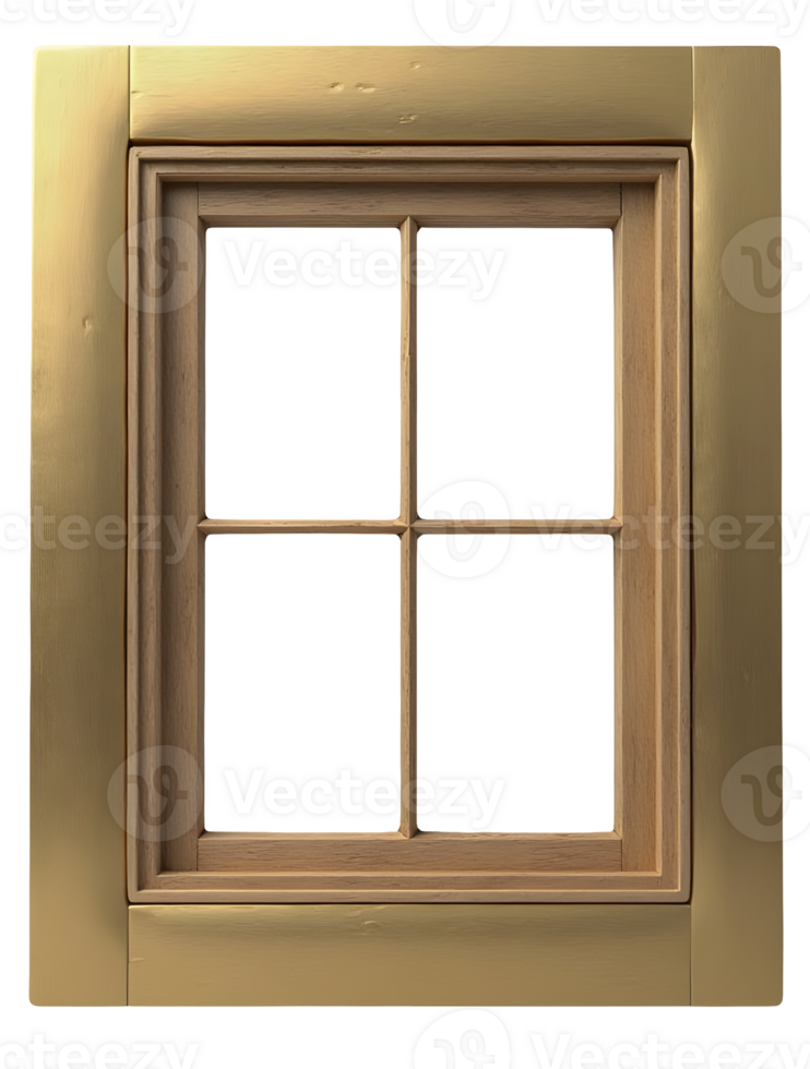 Wooden window frame with four panes and golden outer border, simple and elegant design png