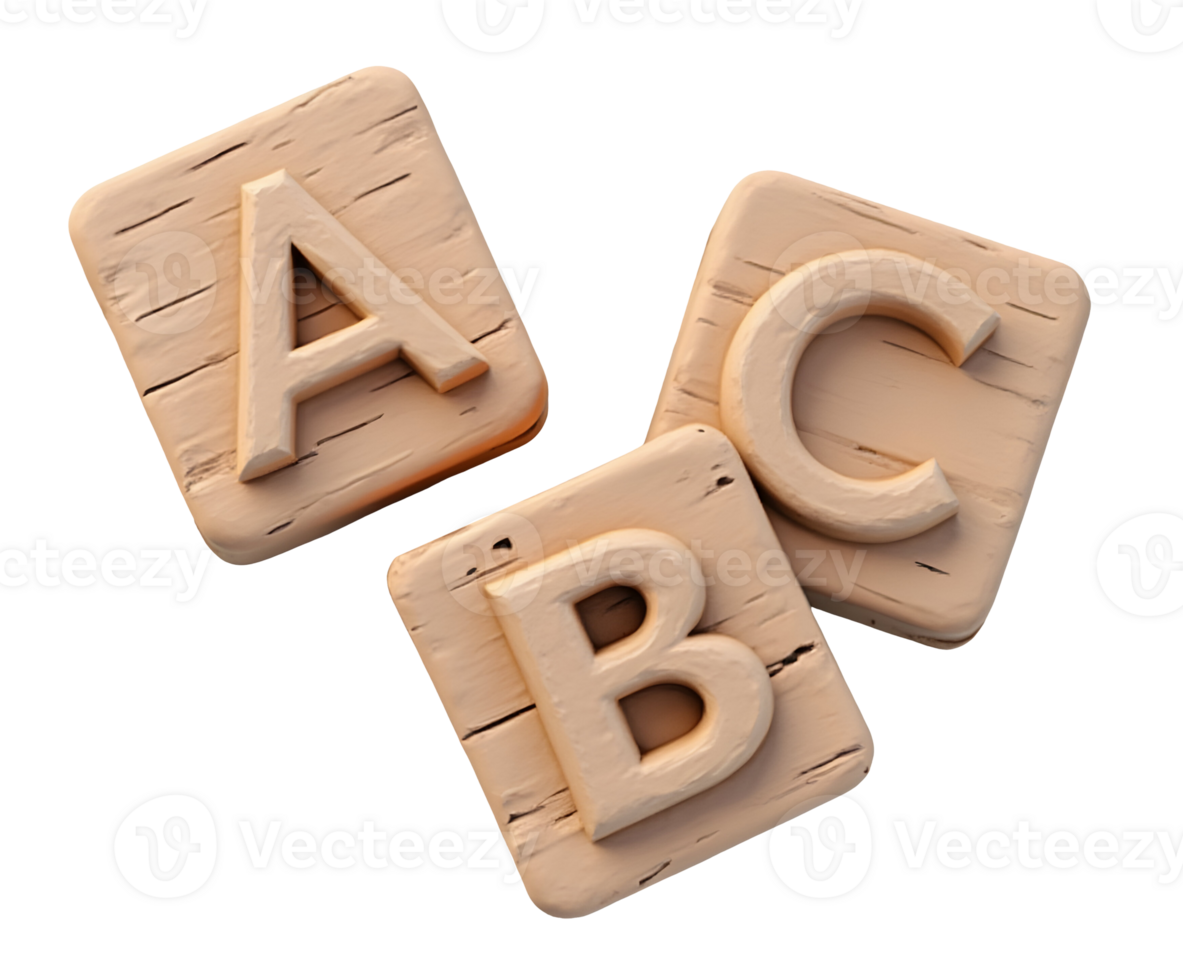 Wooden alphabet blocks with letters A, B, and C carved in natural wood texture png