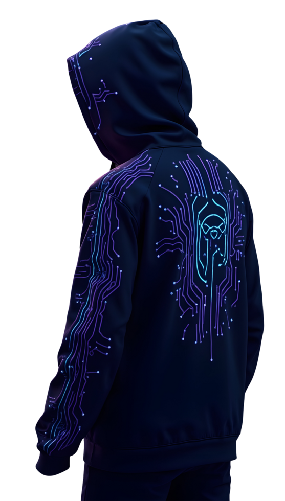 Dark hoodie with glowing blue circuit pattern and futuristic design back, creating tech inspired png